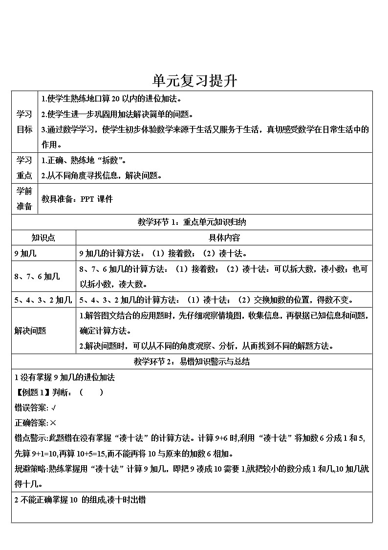 人教版一年级数学上册 单元复习提升1导学案01