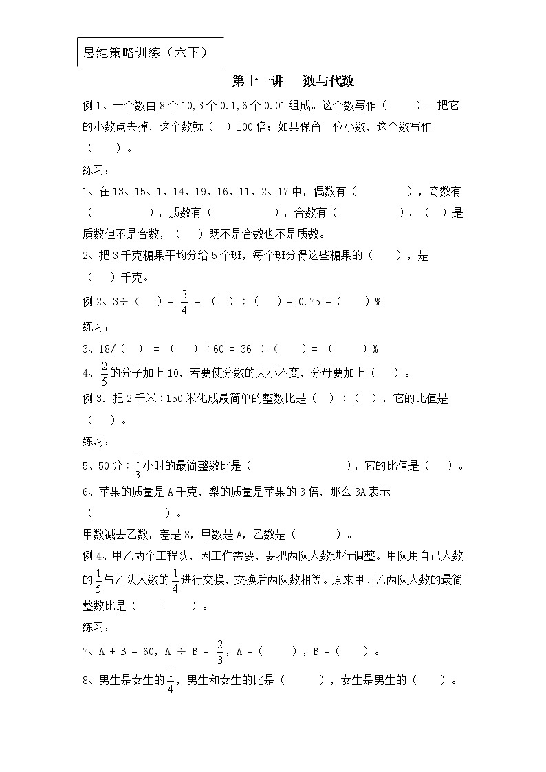 【专项创优】苏教版6年级数学下册 典例+练习 第11讲 数与代数（不含答案）第1页