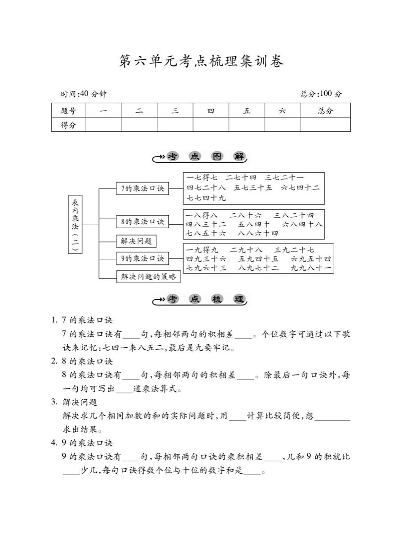 2021年人教版小学数学2年级上册第6单元考点梳理练习卷（含答案）第1页