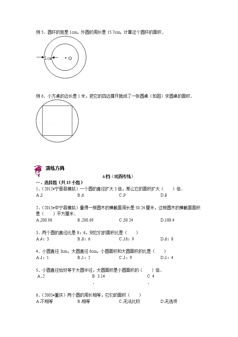 【专项练习】苏教版小学数学专项练习 圆、圆环的面积（知识梳理+典例探究+演练方阵+提升精练+跨越导练+无答案）第2页