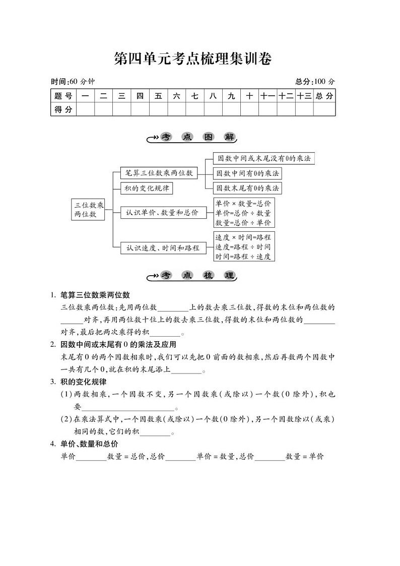 2021年人教版小学数学4年级上册第4单元考点梳理练习卷（含答案）第1页