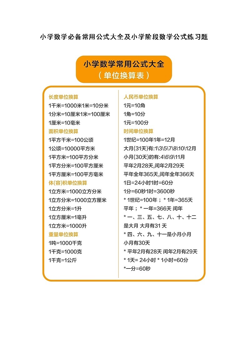 小学数学常用公式及公式练习题第1页