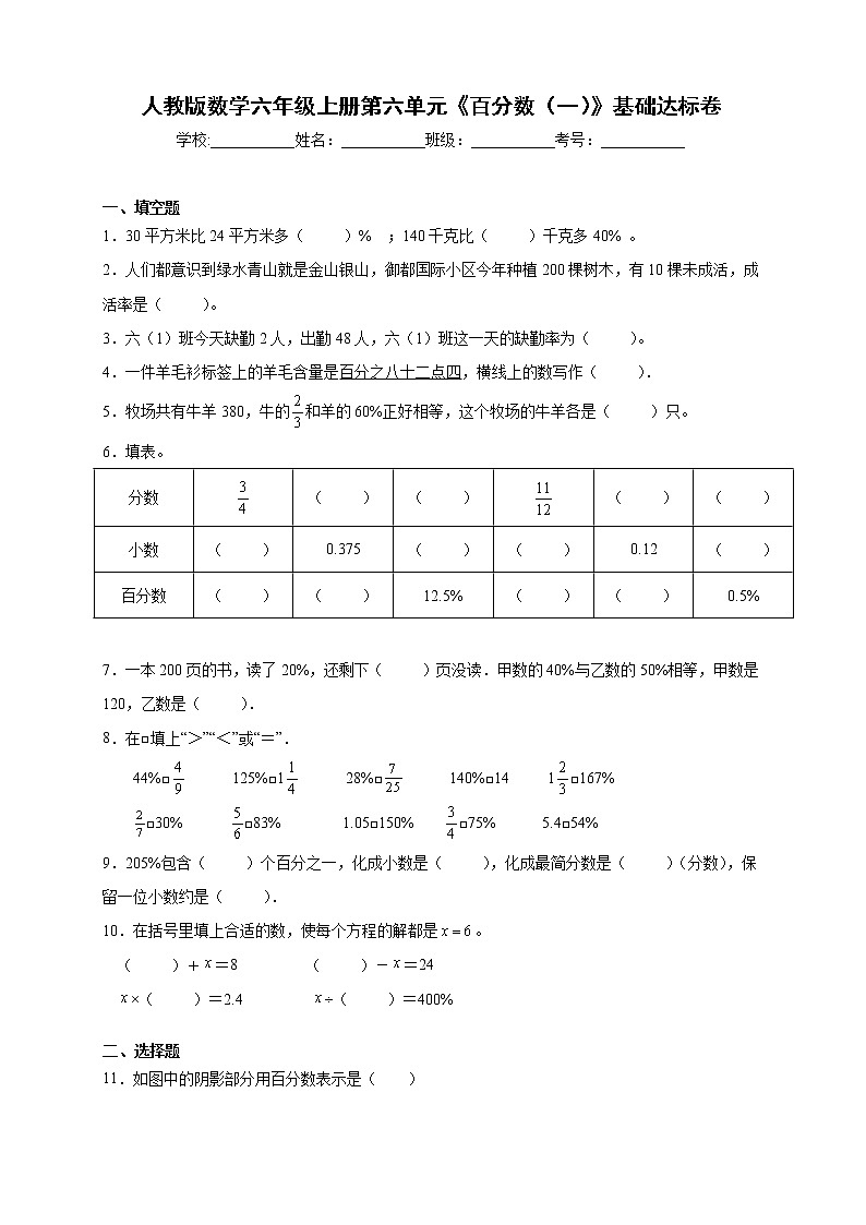 人教版数学六年级上册第六单元《百分数（一）》基础达标卷（含答案）第1页