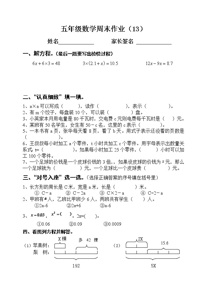 五年级数学下册第十三周周末练习题(解方程)第1页