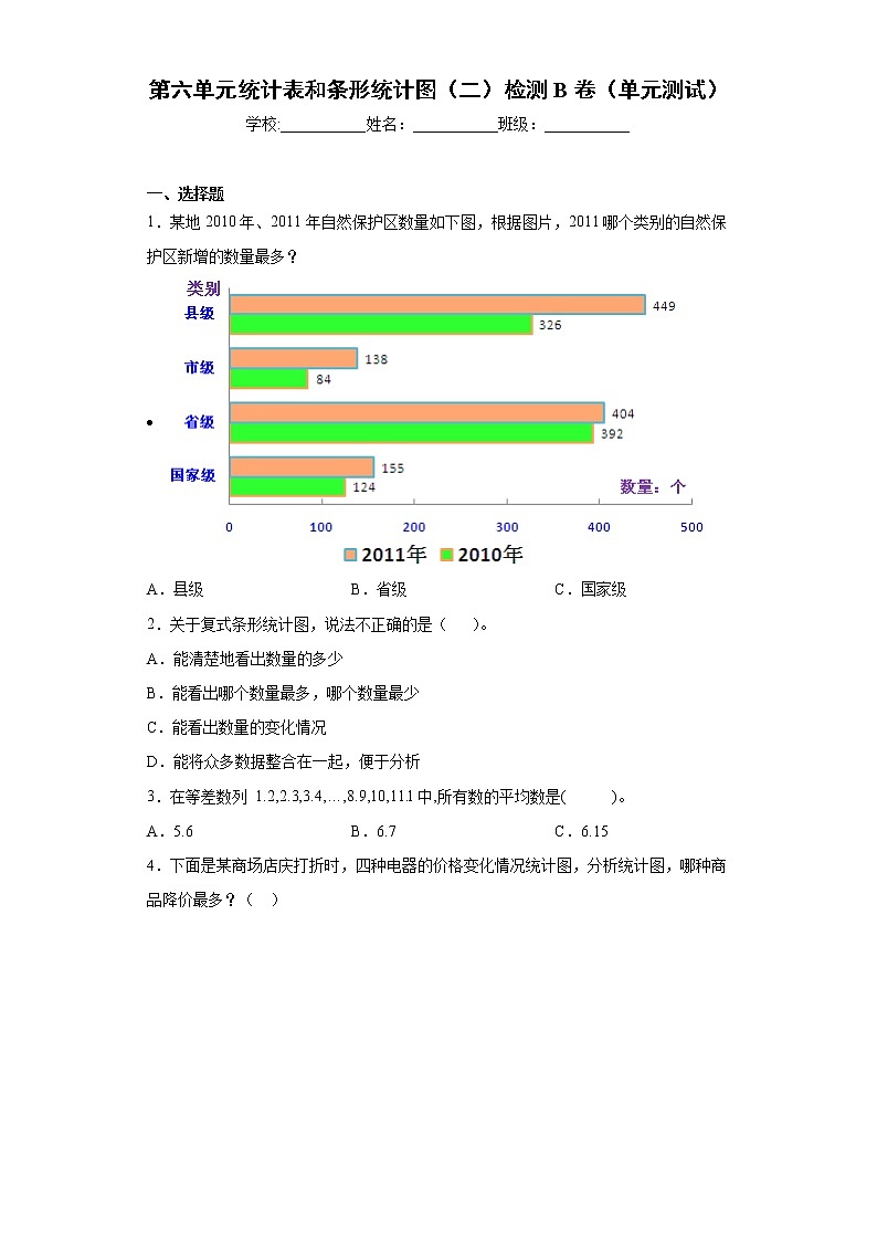 数学五年级上册苏教版数学第六单元统计表和条形统计图（二）（含答案）练习题第1页