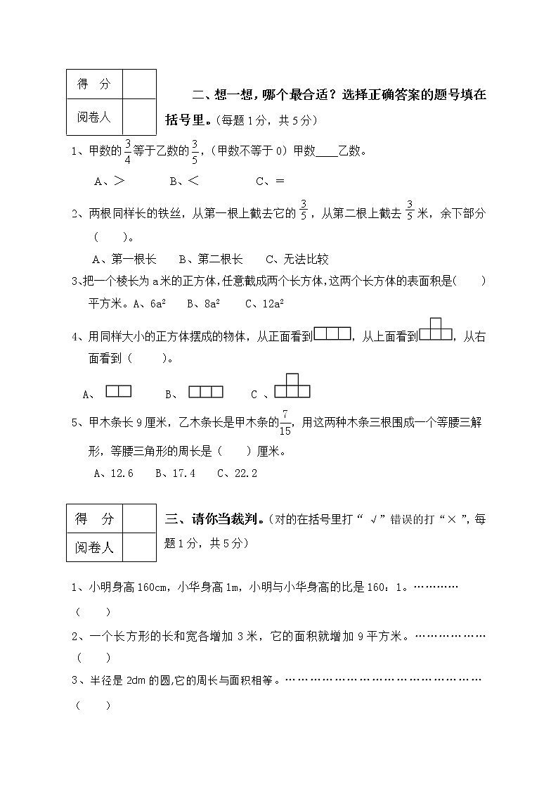 小学毕业班数学毕业水平能力测试卷及答案第2页