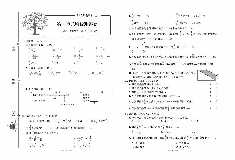 苏教版数学6年级上册培优试卷：单元+月考+专题+期中期末+答案PDF03