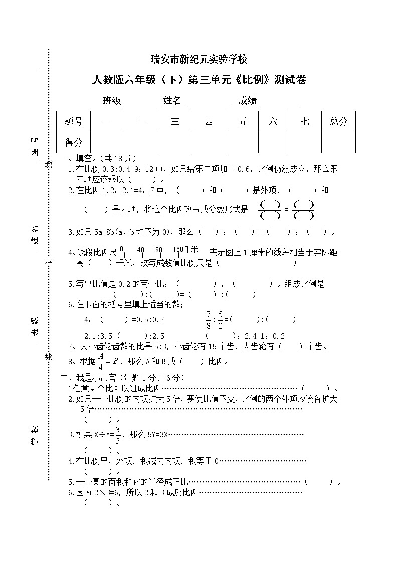 小学六年级数学下期第三单元测试题第1页