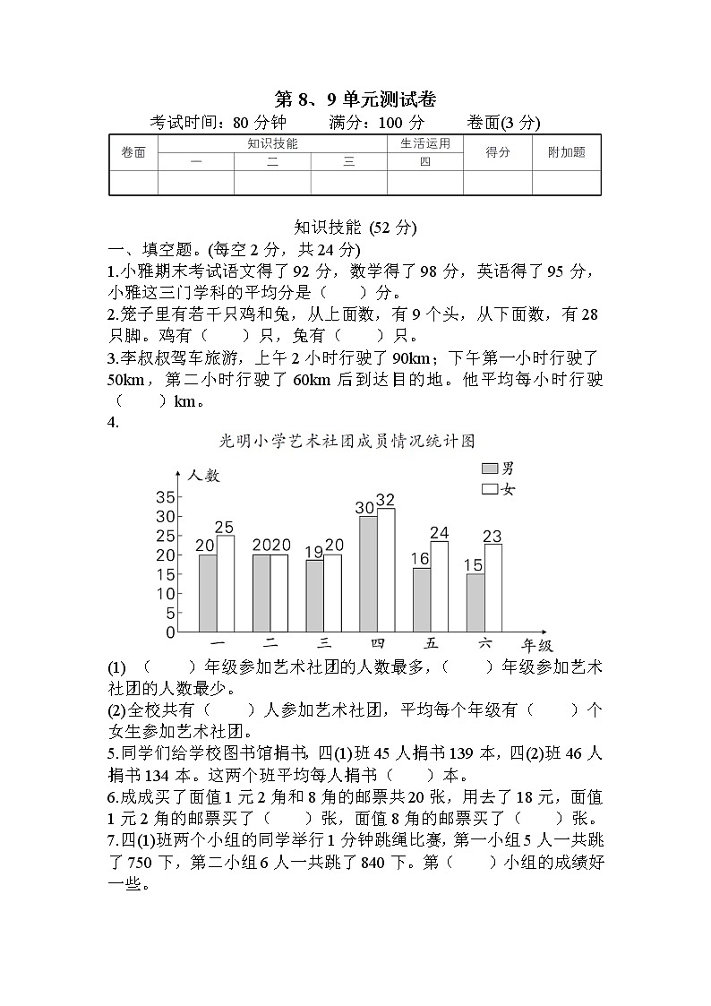 人教版数学四年级下册-第8、9单元测试卷（含答案）可直接打印01