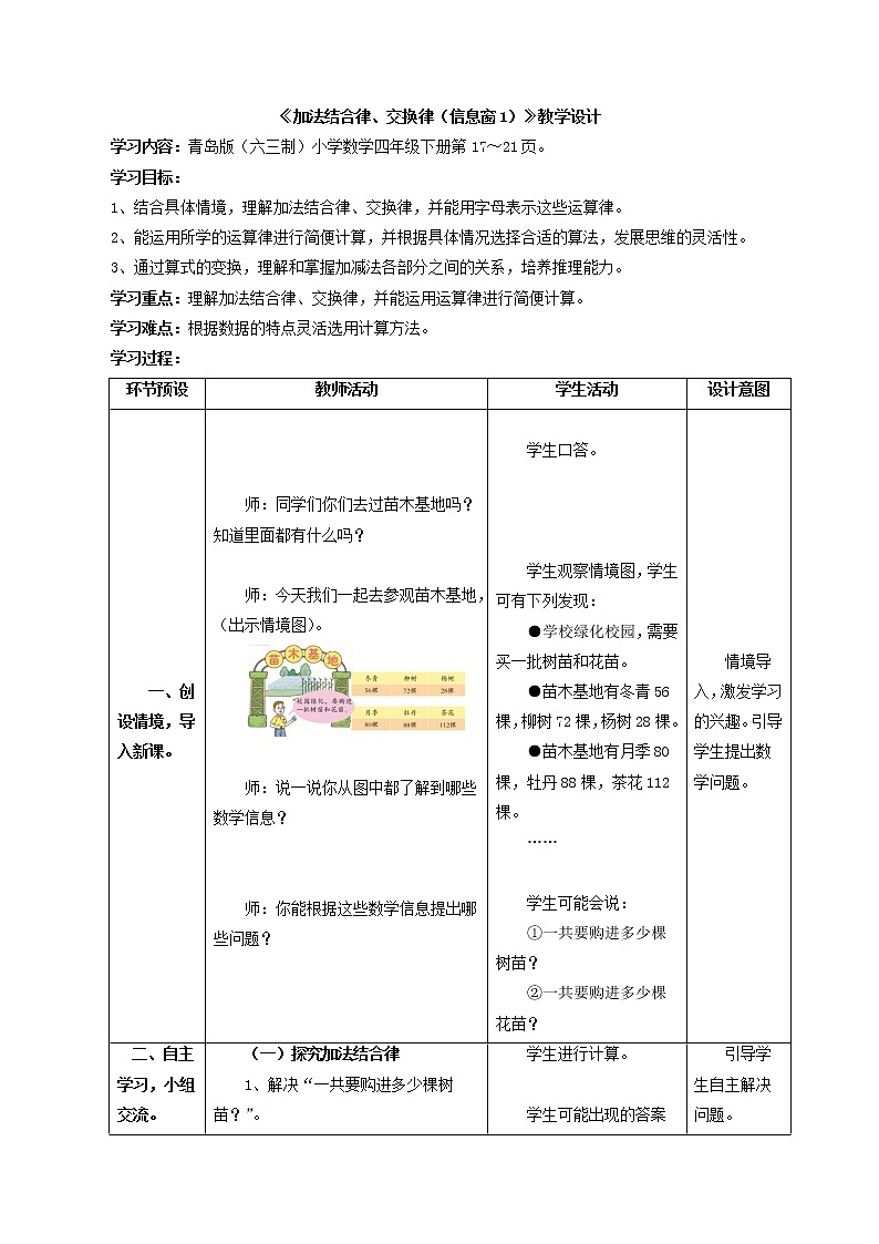 第3单元：快乐农场——运算律1《加法结合律、交换律（信息窗1）》教学设计01