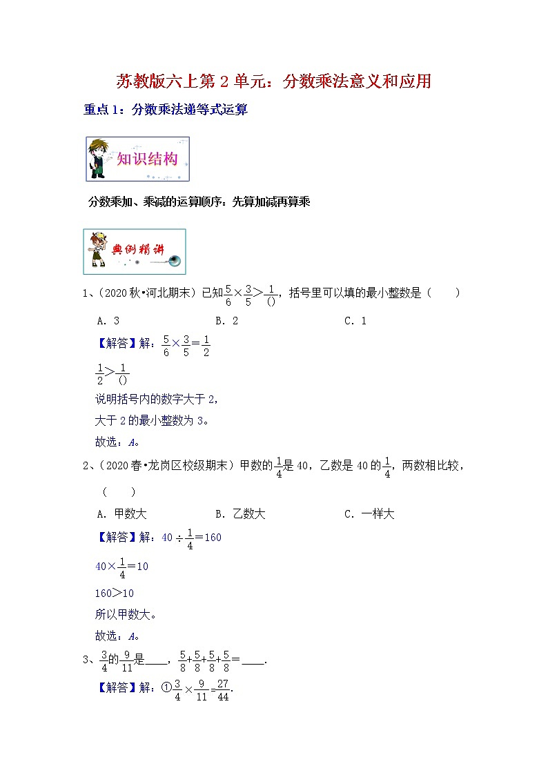 【单元重难点优选讲义】苏教版六上数学第2单元：分数乘法运算和应用（学生版+教师版）学案01