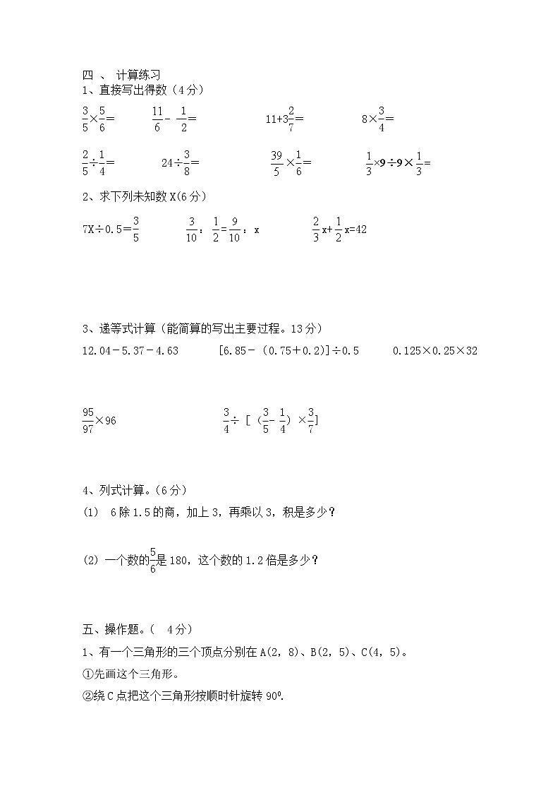 小学数学六年级总复习试卷第3页