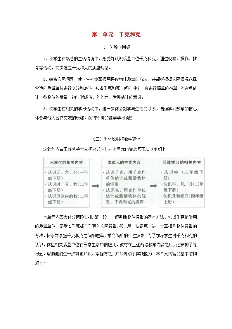 三年级数学上册第二单元千克和克教材分析苏教版教案01