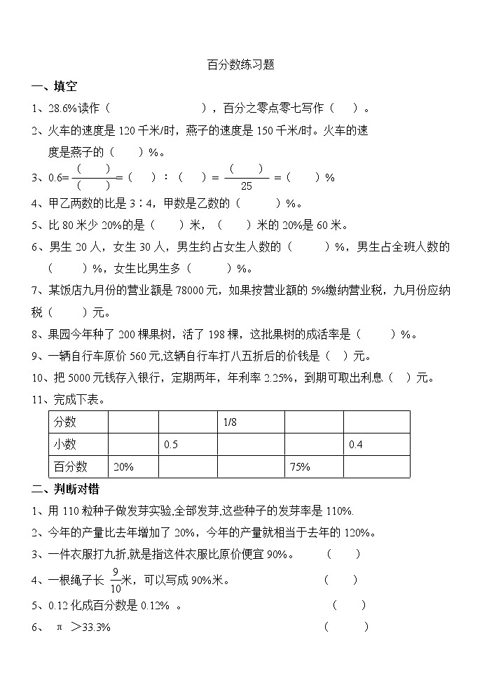 小学六年级数学百分数练习题（无答案）第1页