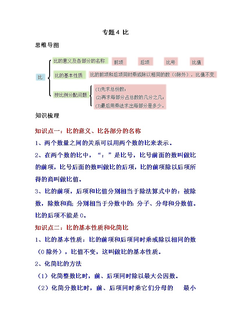 专题4 比（教师版）（知识梳理+典例分析+举一反三+巩固提升）人教版第1页