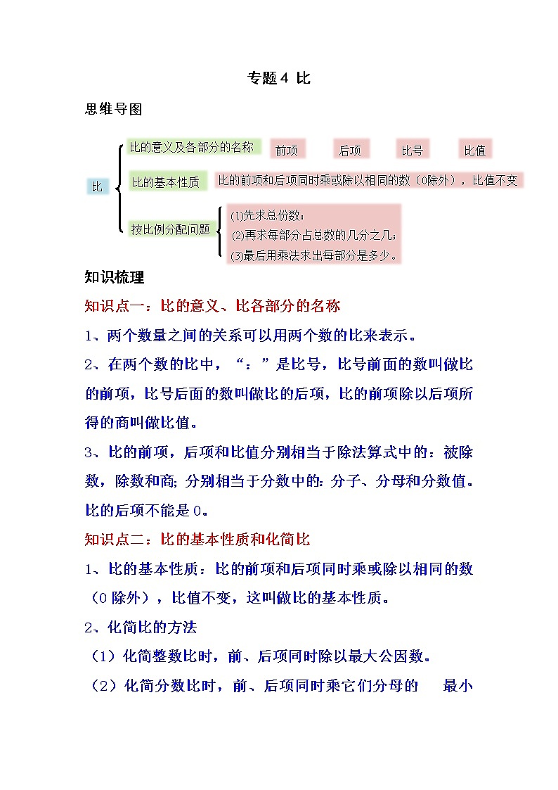 专题4 比（学生版）（知识梳理+典例分析+举一反三+巩固提升）人教版第1页