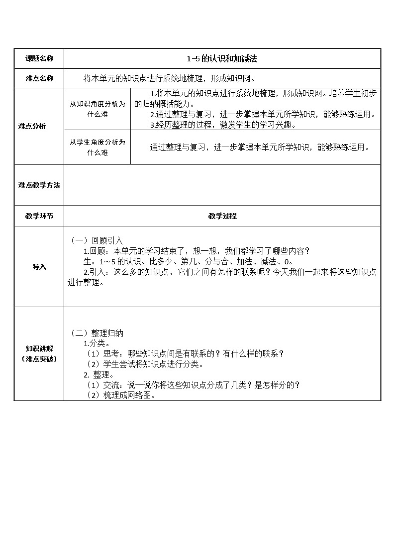 人教版一年级数学上册 3.1 1-5的认识和加减法教案第1页