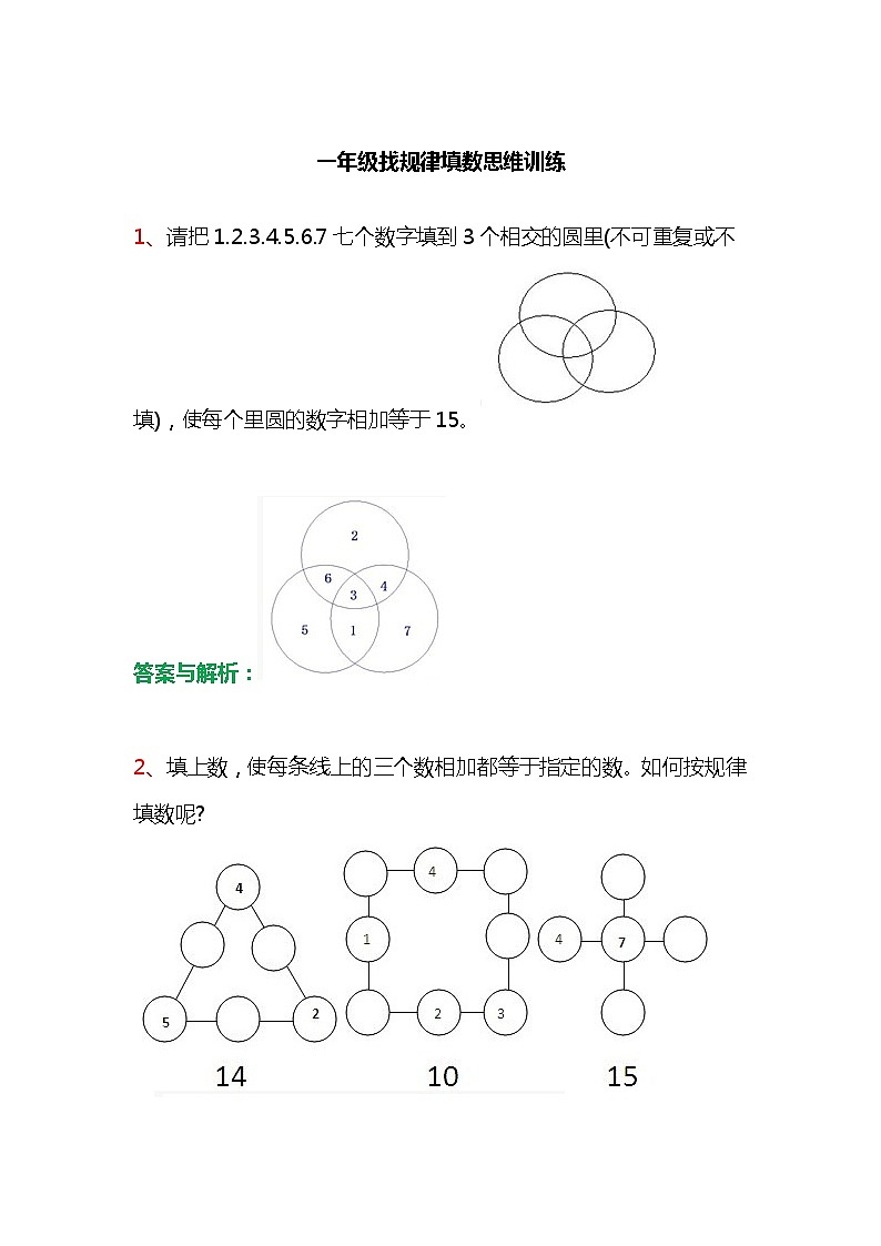 人教一年级数学找规律填数思维训练练习题大全及答案01