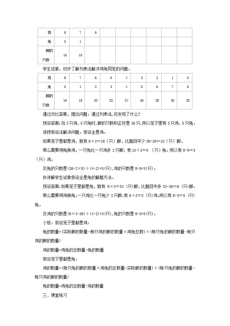 人教版数学四年级下册第九单元第一课时《鸡兔同笼》课件+教案+习题02