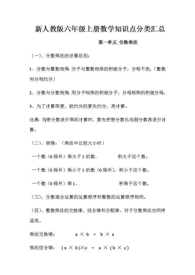 新人教版六年级上册数学知识点分类汇总01