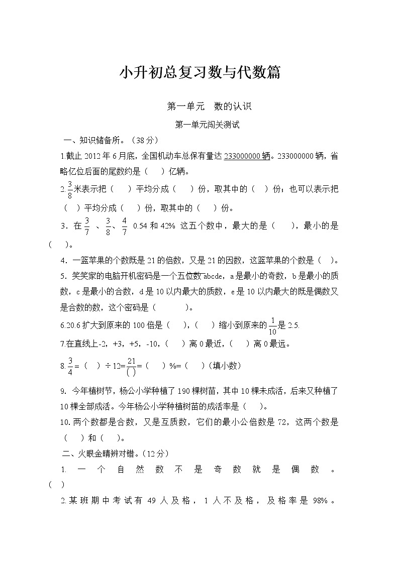 小升初数学总复习数与代数篇专项化练习及答案第1页