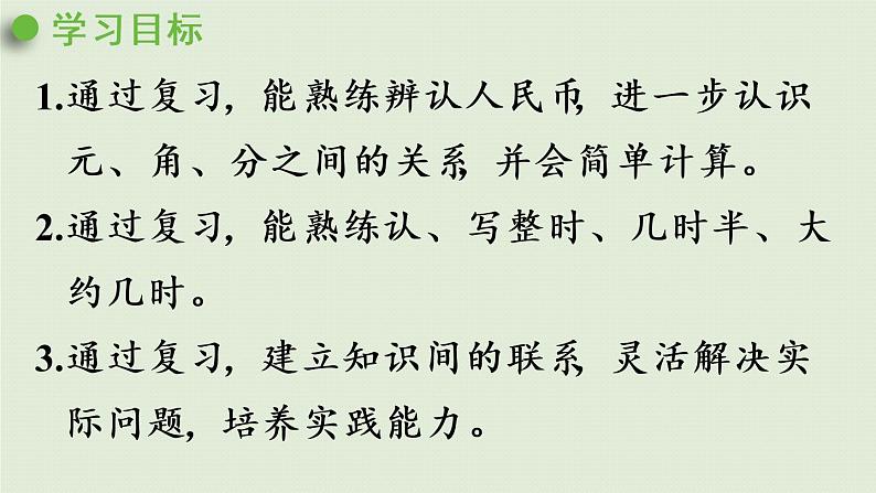 西师大版一年级数学下册 九 总复习 第3课时 认识钟表、人民币 课件第2页