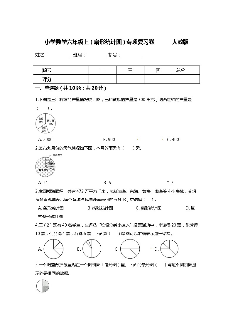 【期末专项复习】小学数学六年级上册（扇形统计图）专项复习卷（含答案）人教版01