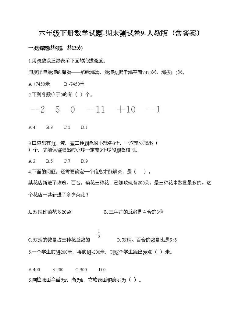 六年级下册数学试题-期末测试卷9-人教版（含答案） (1)第1页
