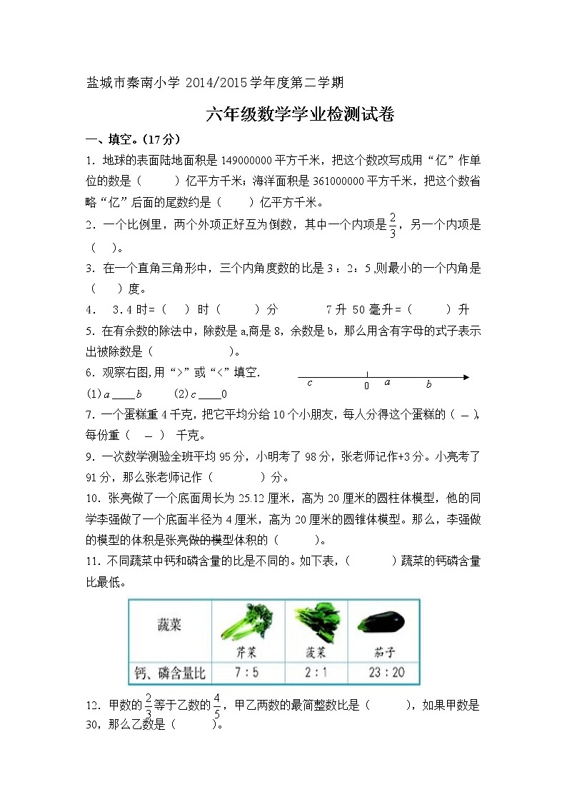 盐城市秦南小学 2014-2015学年度第二学期六年级数学学业检测试卷01