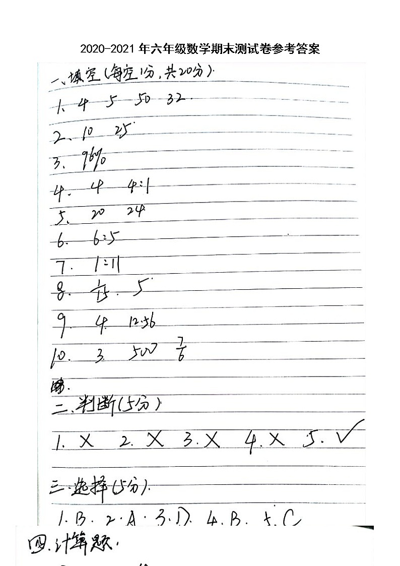 2020年—2021学年度六年级上册期末测试卷参考答案第1页