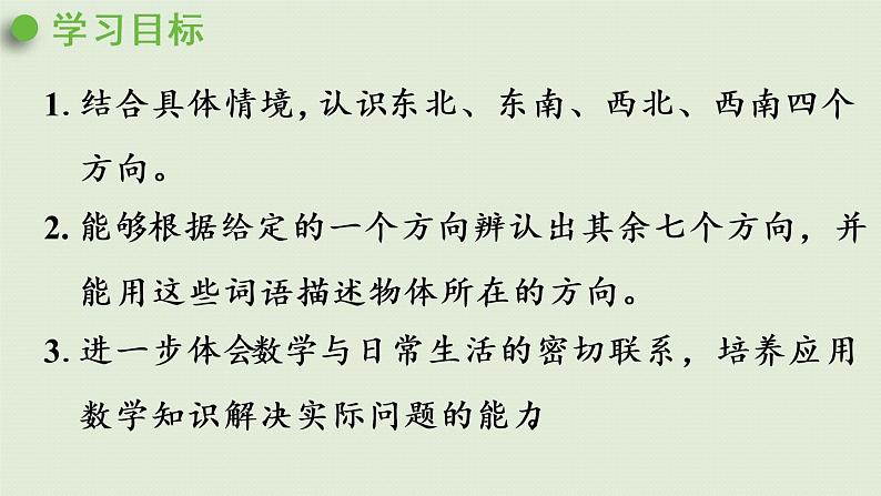 人教版三年级数学下册 1位置与方向（一）第3课时  认识东北、东南、西北、西南四个方向 课件第2页