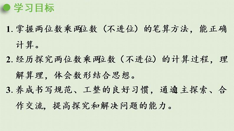 人教版三年级数学下册 4两位数乘两位数 笔算乘法 第1课时   两位数乘两位数（不进位）的笔算 课件第2页