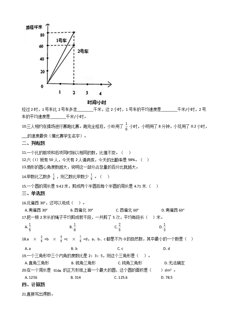 人教版六年级上册数学期末模拟测试卷第2页