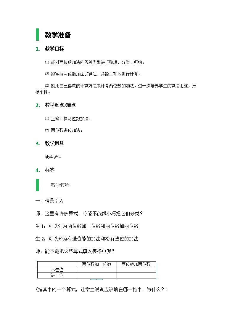 【沪教版五年制】一年级下册第六单元  两位数加减法复习_教学设计01