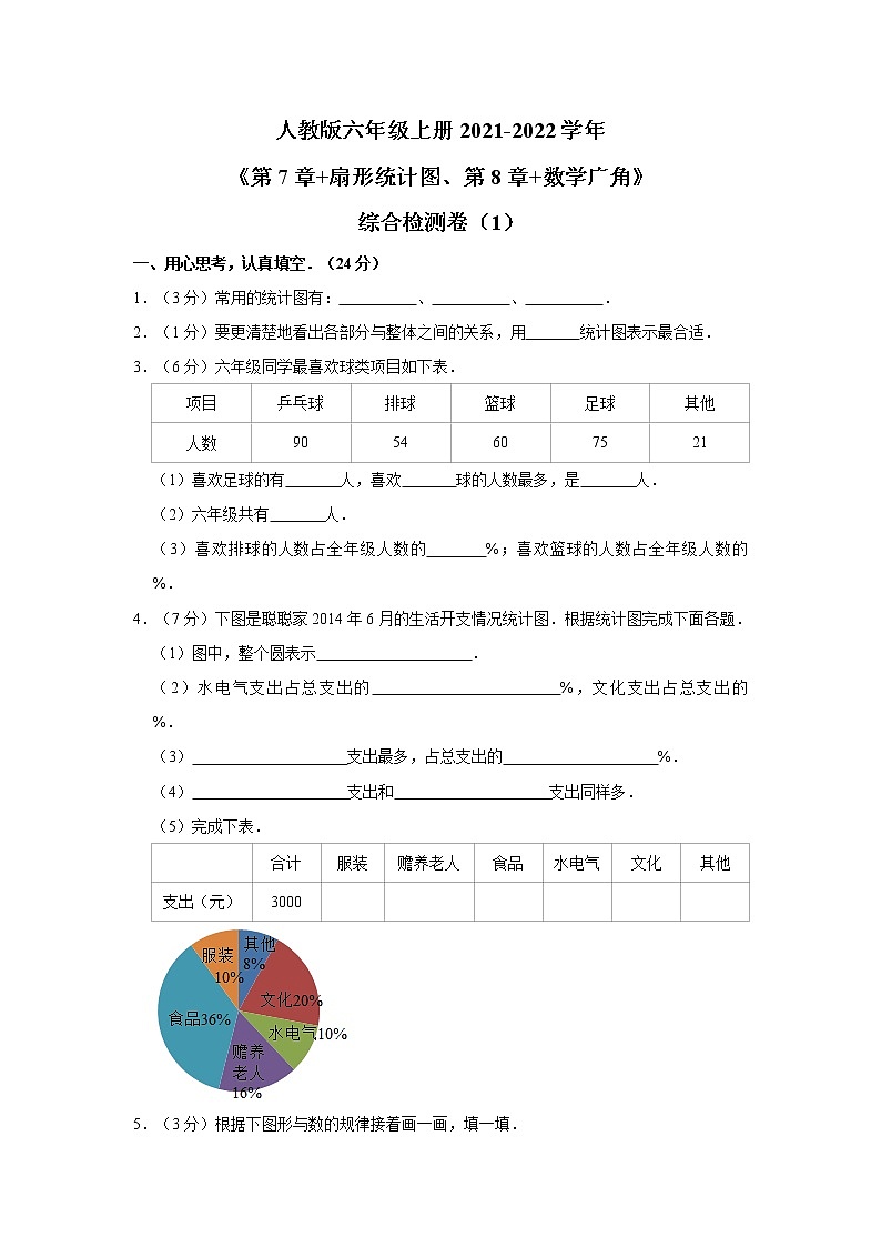 人教新版六年级上册2021-2022学年《第7章+扇形统计图、第8章+数学广角》综合检测卷（1）第1页