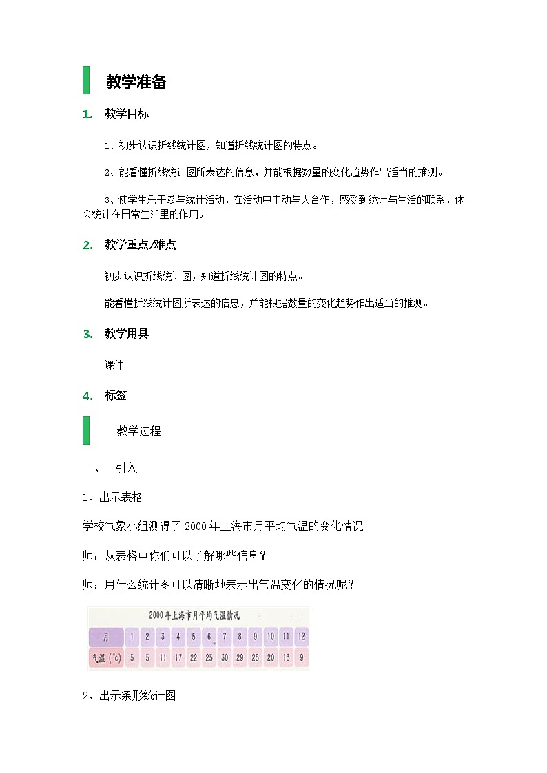 【沪教版五年制】四年级下册第三单元  折线统计图的认识 教案01