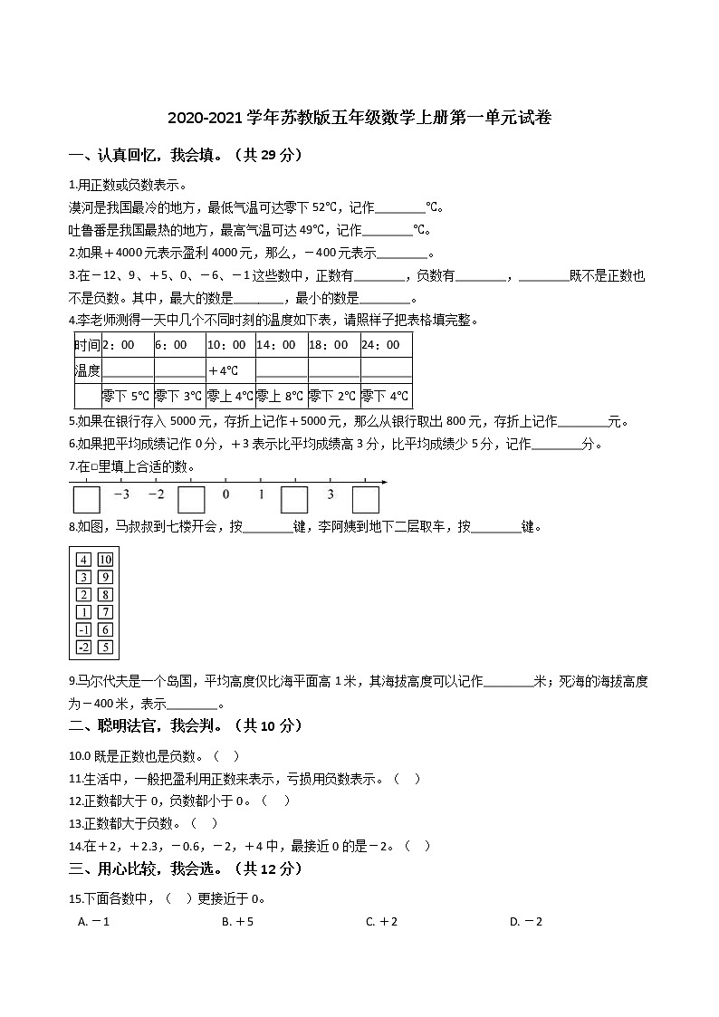 2021-2022学年苏教版数学五年级上册  第一单元负数的认识--练习卷第1页