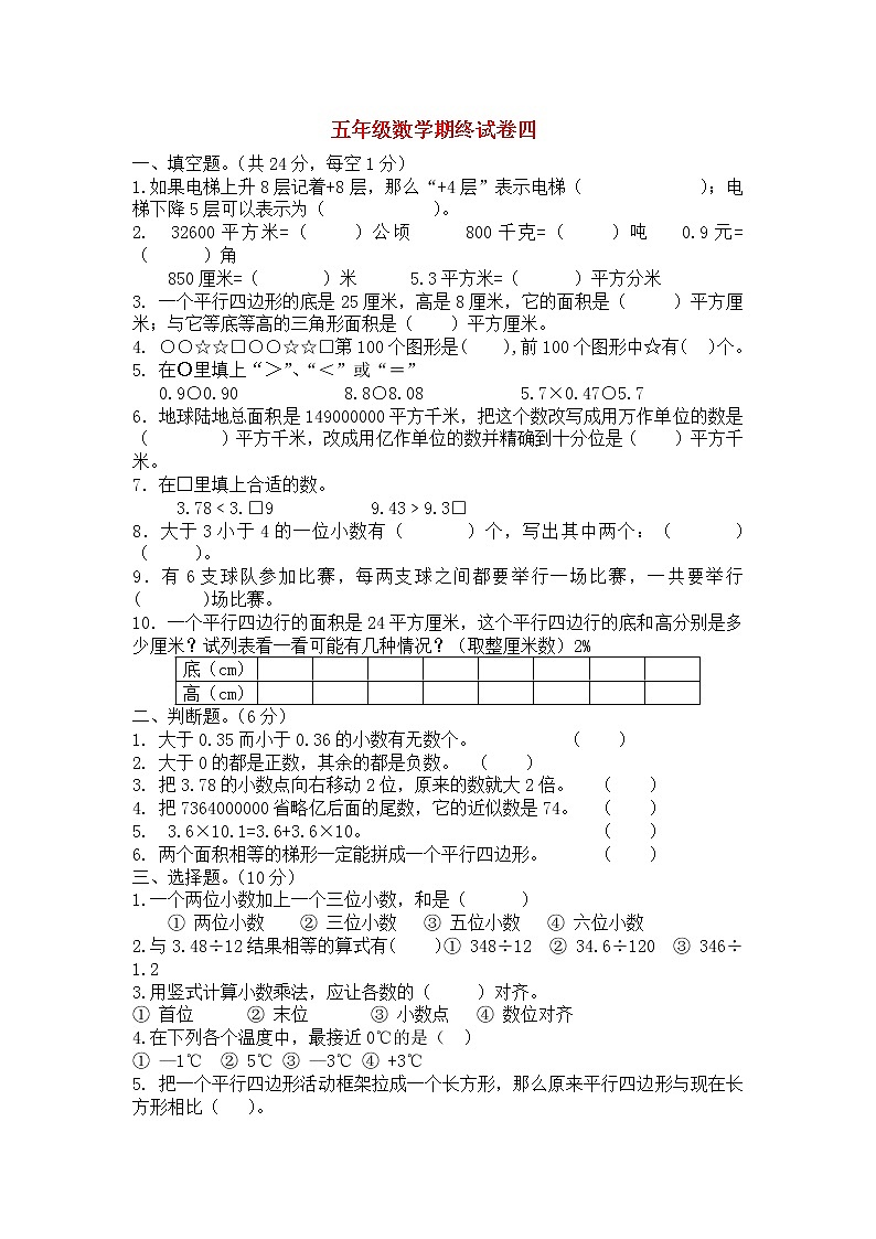 6五年级上数学学期期末检测（四）-优化集结_2014苏教版（无答案）01
