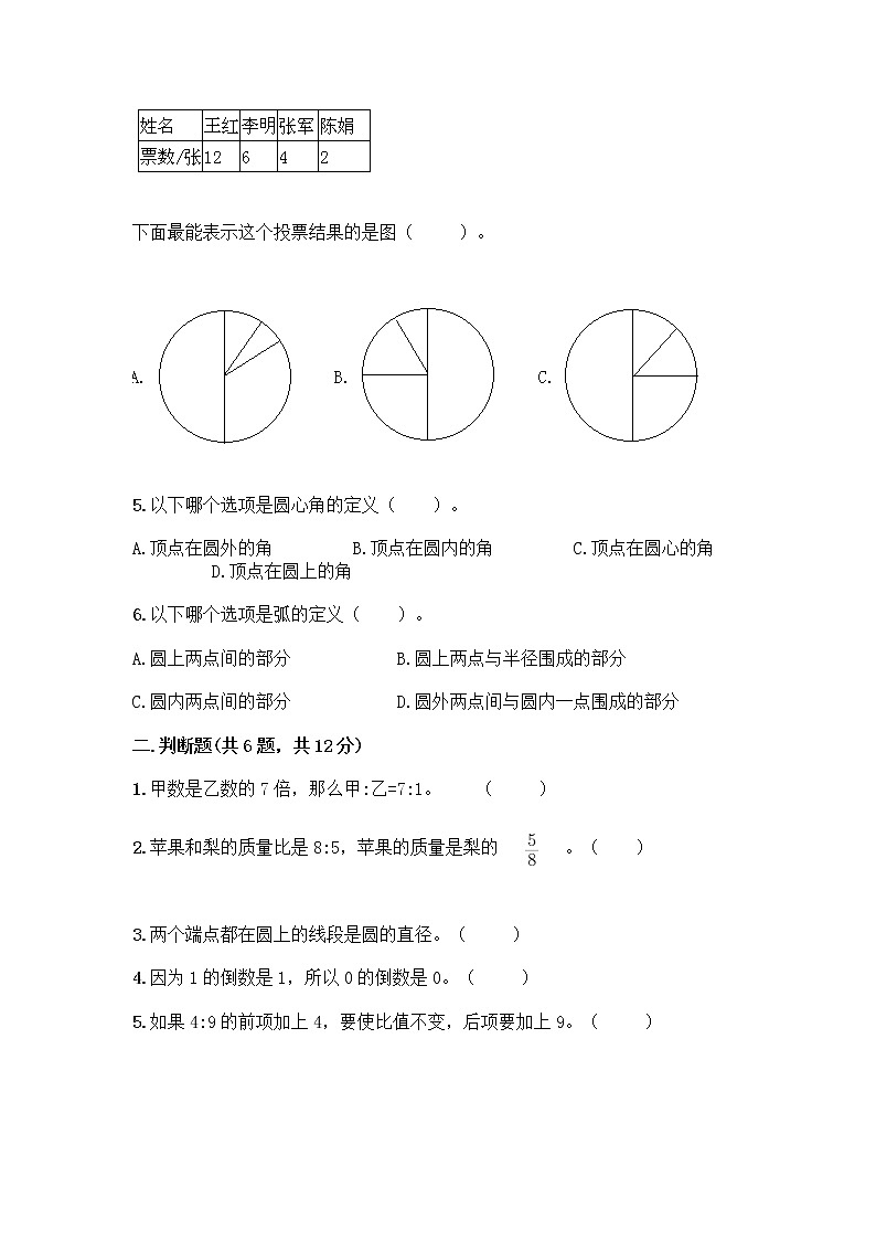 人教版六年级上册数学期末试卷附参考答案（模拟题）第2页