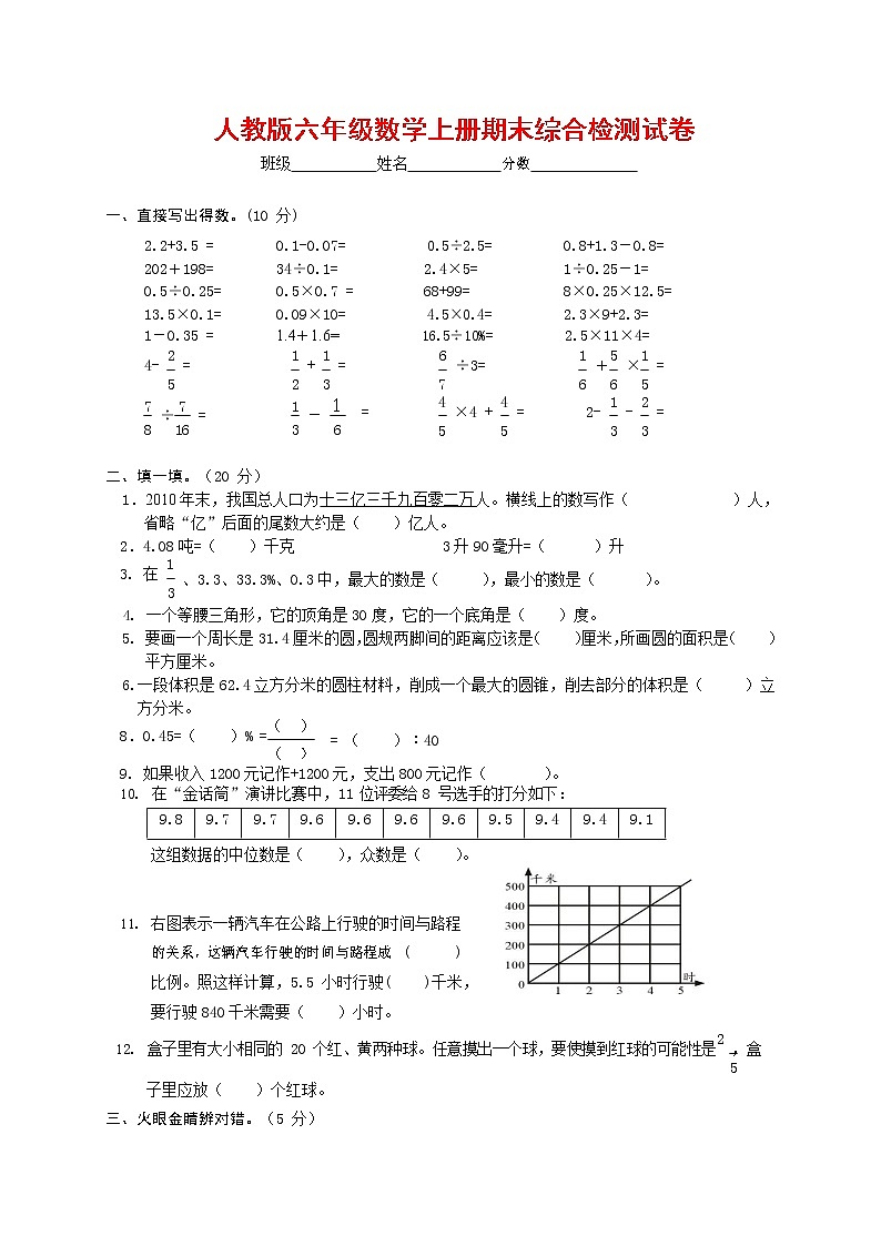 人教版六年级数学上册 第一学期期末复习综合检测试题测试卷 (198)第1页