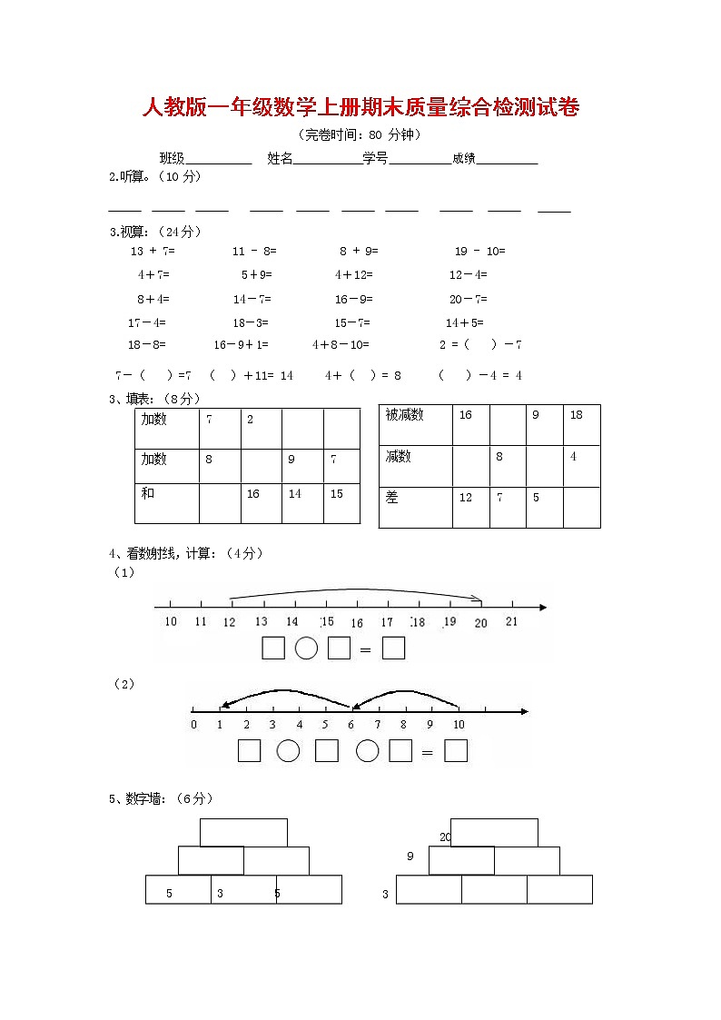 人教版一年级数学上册 第一学期期末质量综合检测试题测试卷 (92)第1页