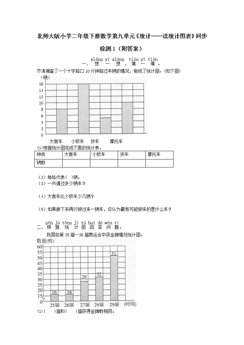 北师大版小学二年级下册数学第九单元《统计——读统计图表》同步检测1（附答案）01