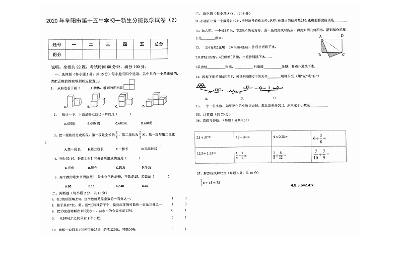 2020安徽阜阳十五中小升初数学试卷01