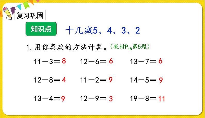 人教版数学一年级下册第二单元——第4课时十几减5、4、3、2【教学课件+习题课件】02