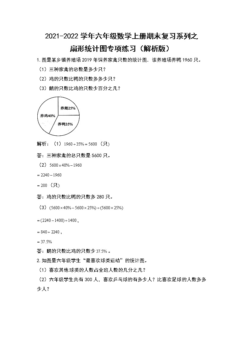 2021-2022学年六年级数学上册期末复习系列之扇形统计图专项练习（解析版）01