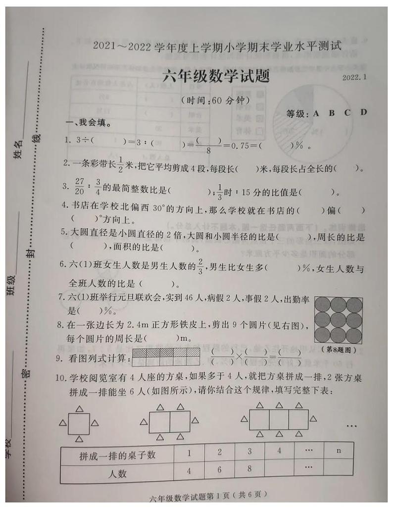 山东省临沂市兰山区六年级数学上册期末试题--无答案第1页