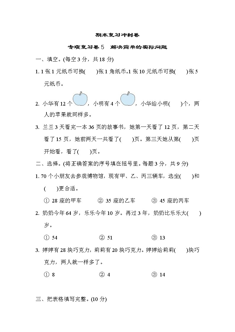 2022年苏教版小学数学一年级下册期末 专项复习卷05（含答案）第1页