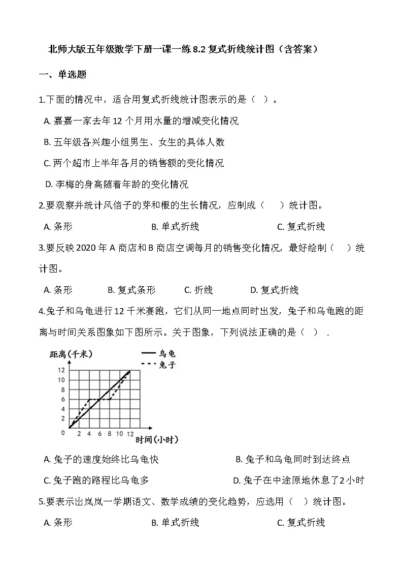 北师大版五年级数学下册一课一练8.2复式折线统计图  （含答案）第1页