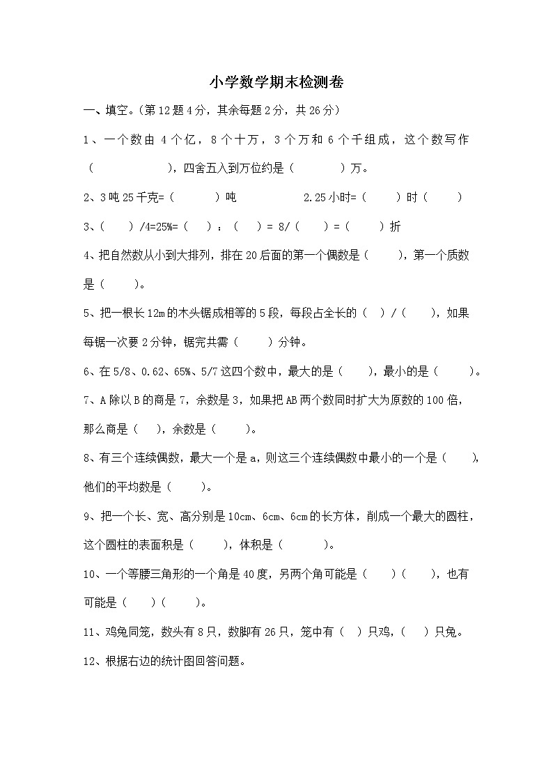 六年级下册数学期末检测卷   人教版  (无答案)第1页