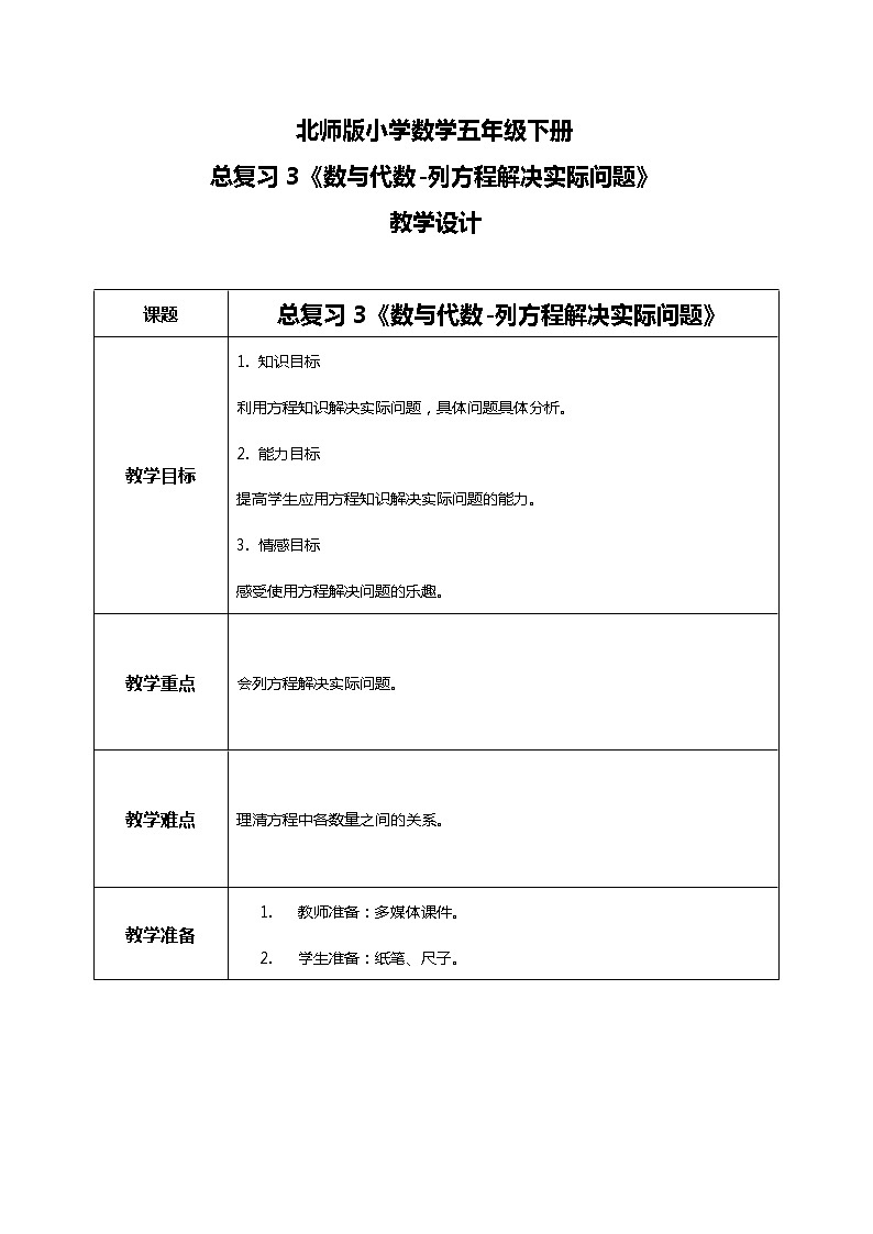 北师版小学数学五年级下册总复习3《数与代数-列方程解决实际问题》教案第1页